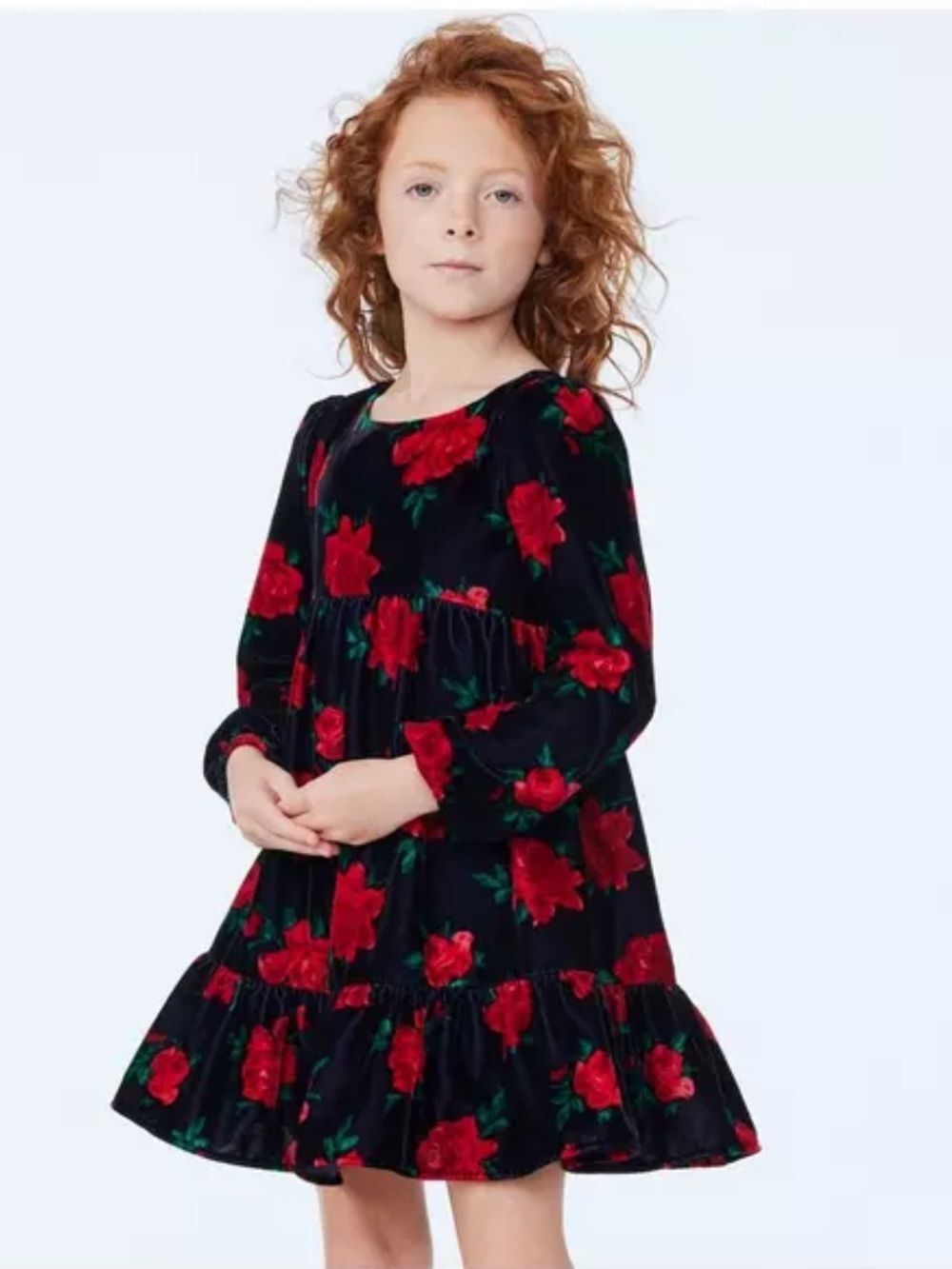 Janie and Jack Black Velvet Dress with Red Rose Print Sz 14